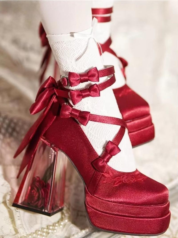 Original Lolita Red High Heels Women's Sweet Elegant Bow Velvet Mary Jane Shoes