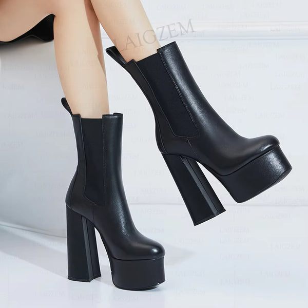 Women Calf Boots Real Leather Elastic Band Block High Heels Booties