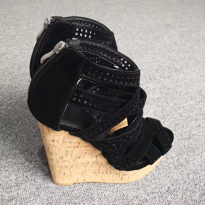 Faux Suede Platform Wedges Heels Sandals Cut Outs Shoes Woman