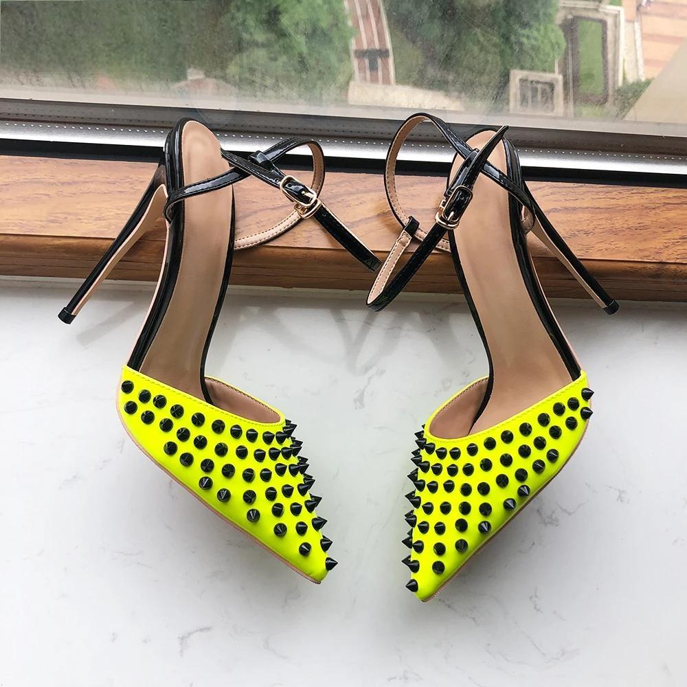 Black Spikes Lemon Green Women Sexy Ankle Strap Slingbacks High Heel Shoes