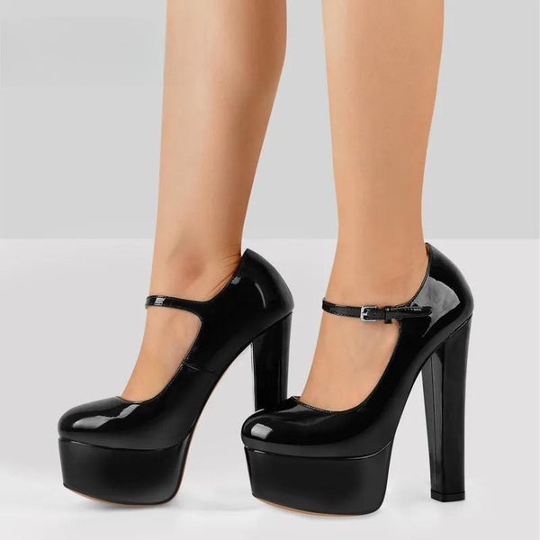 Women Mary Jane Platform Pumps Ankle Strap Thick Round Heel High Heels