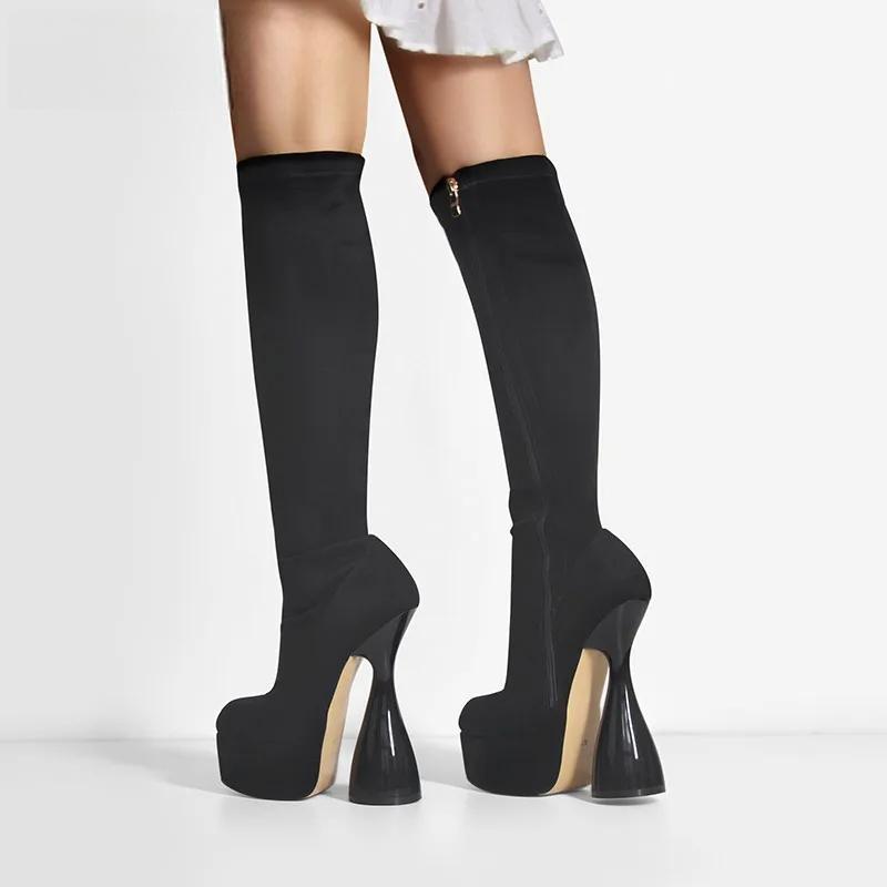 Platform Knee High Boots Black Flock High Elastic Spike Heels