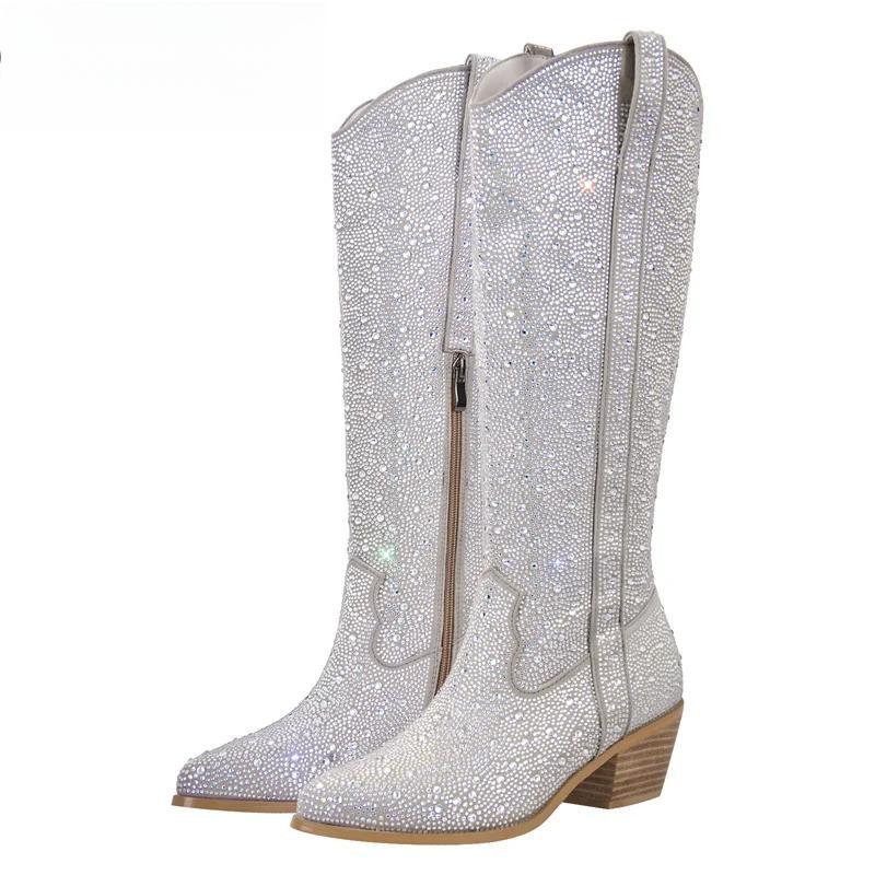 Women Rhinestone Boots Silver Knee High Western Cowgirl Boots