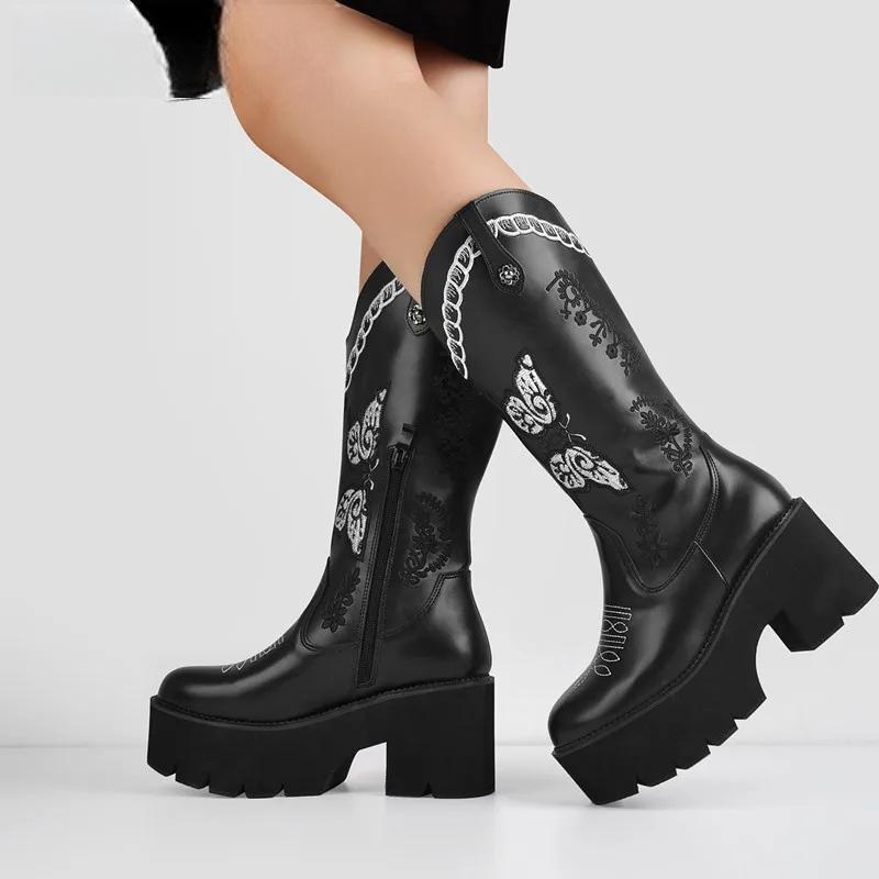 Black Platform Thick Heel Embroidery Western Mid-Calf Boots