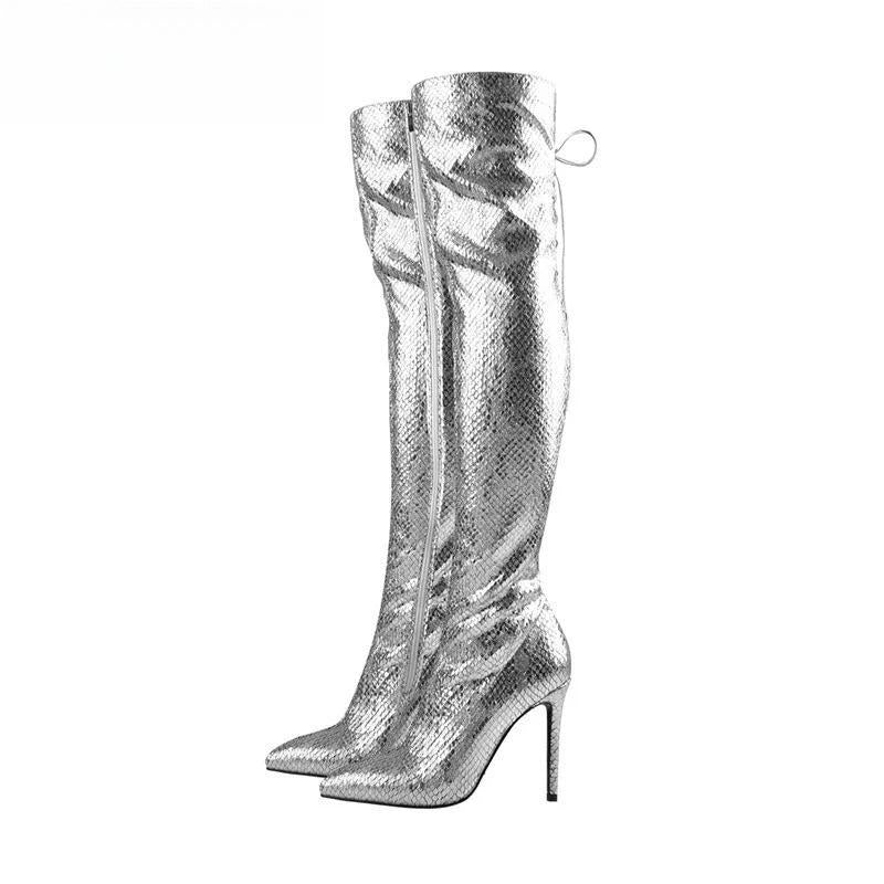 Pointed Toe Metallic Silver Over the Knee Boots Thin High Heel  Slim Heel