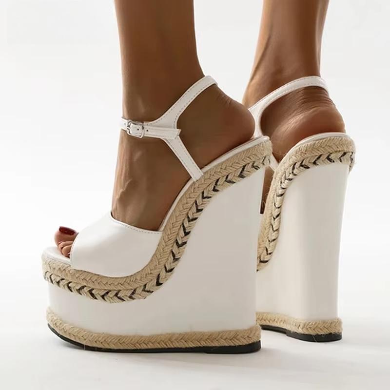 Fashion Open Toe Ankle Buckle Strap Platform Wedges White Sandals For Women