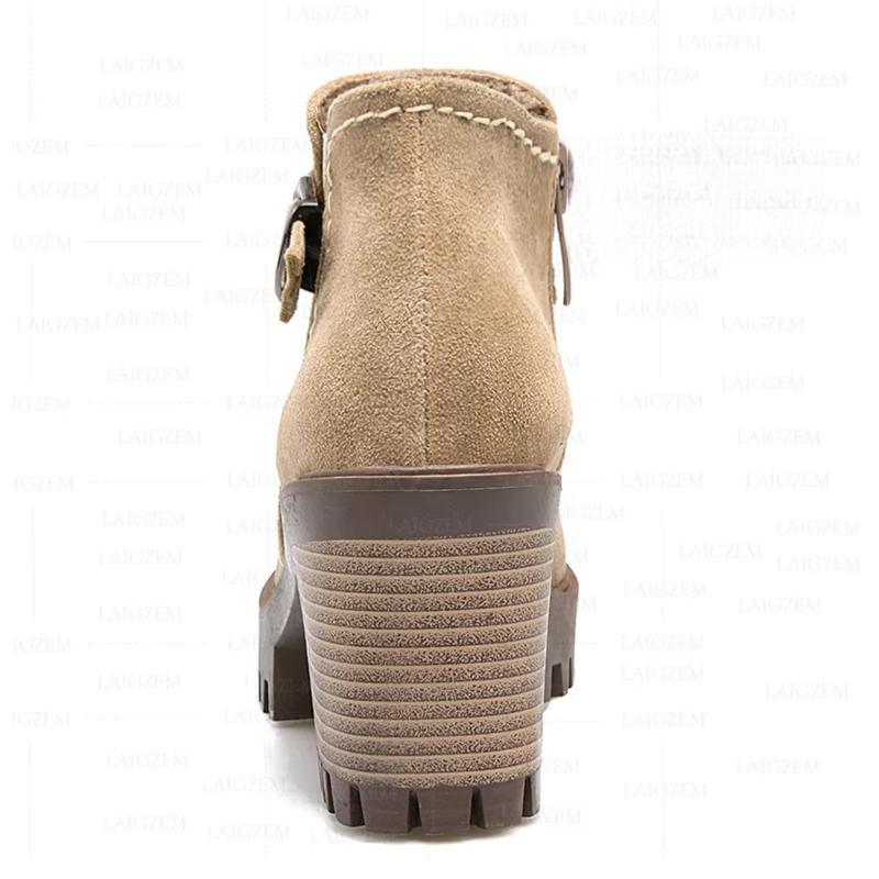 Faux Suede Side Zip Up 8CM Thick High Heels Short Boots Handmade Shoes Woman