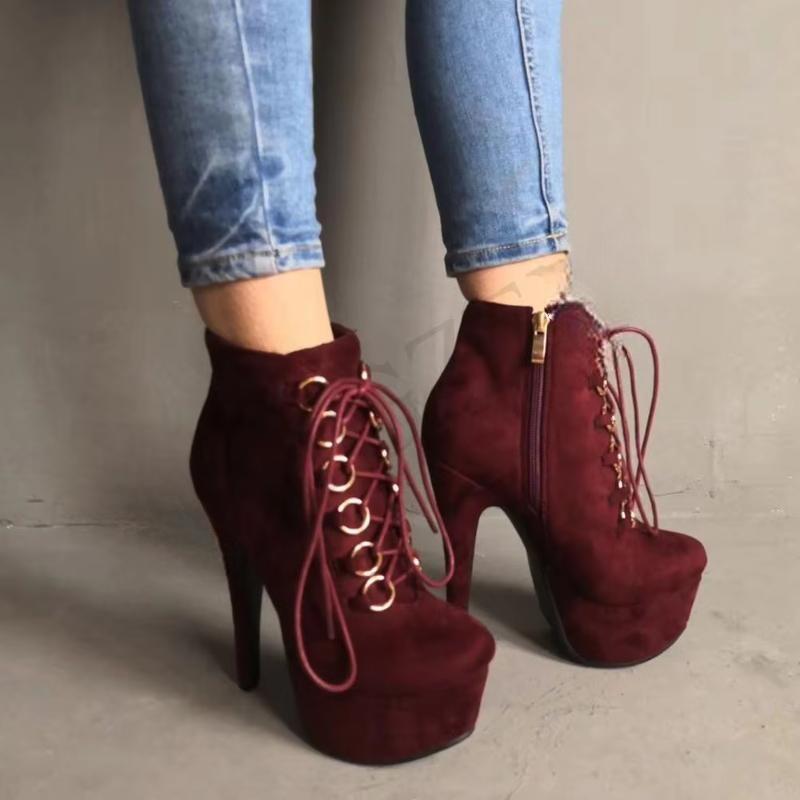 Faux Suede Platform High Heel Zipper Boots Wine Red Black Ladies Botines