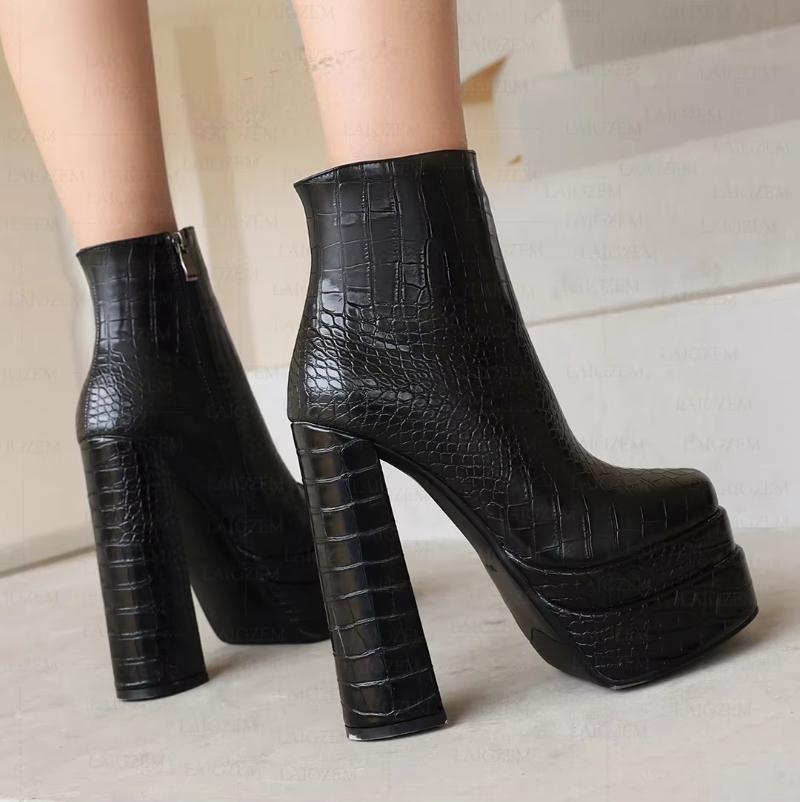 Crocodile Print Platfrom Zip Up Block Thick High Heels Female Shoes Woman