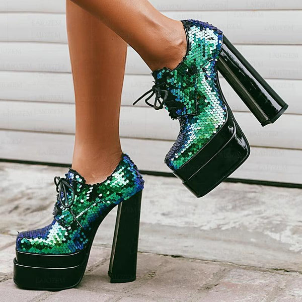 Platform Boots Bling Glitter Thick High Heels Shoes Lace Up Party Cosplay Shoes