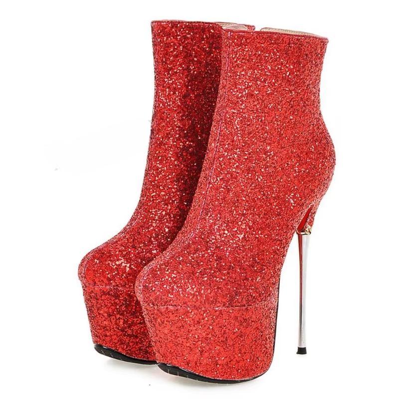 Celebrity Sequined Women Ankle Booties Metal Stiletto Heel Zip Short Boots