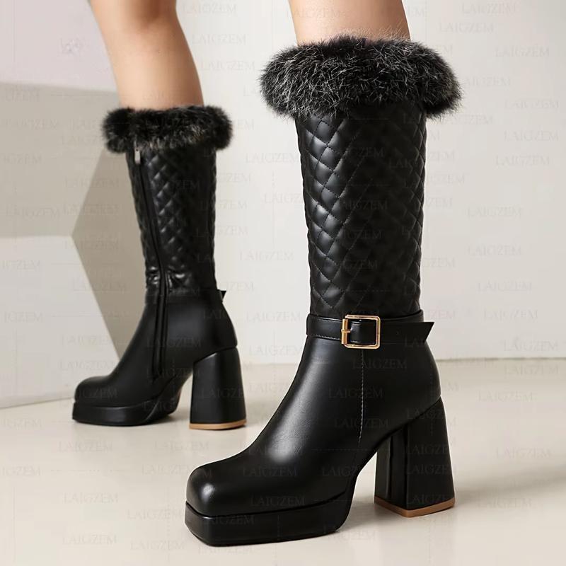 Calf Boots Platform Side Zip Up 9CM Chunky Thick High Heels Boots Handmade Ladies Shoes