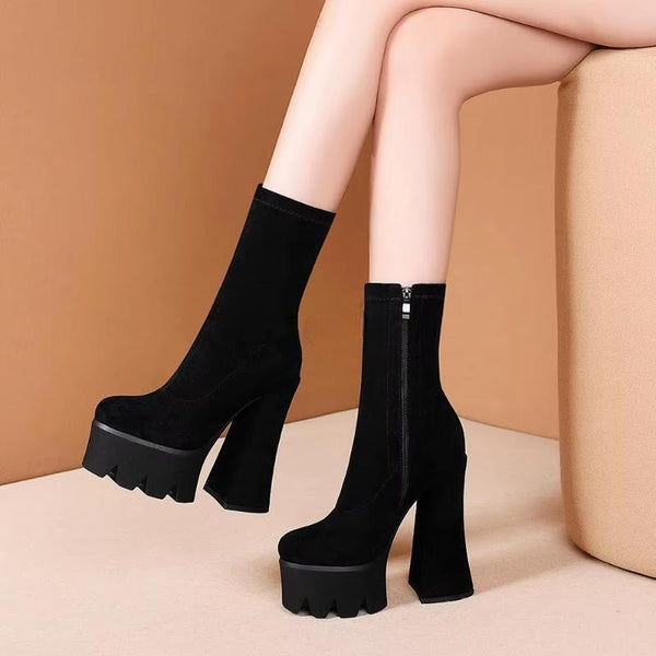 Women Ankle Booties Stretchy Side Zip Upp Thick Block High Heels Boots