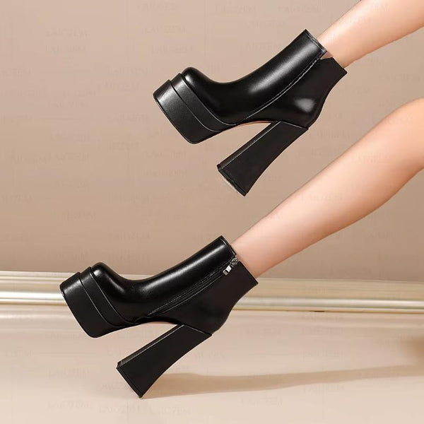 Women Ankle Boots GENUINE LEATHER Zip Up Chunky High Heels Short Booties