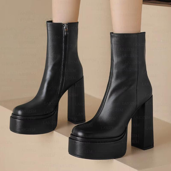 Genuine Leather Platform Thick High Heels Short Boots