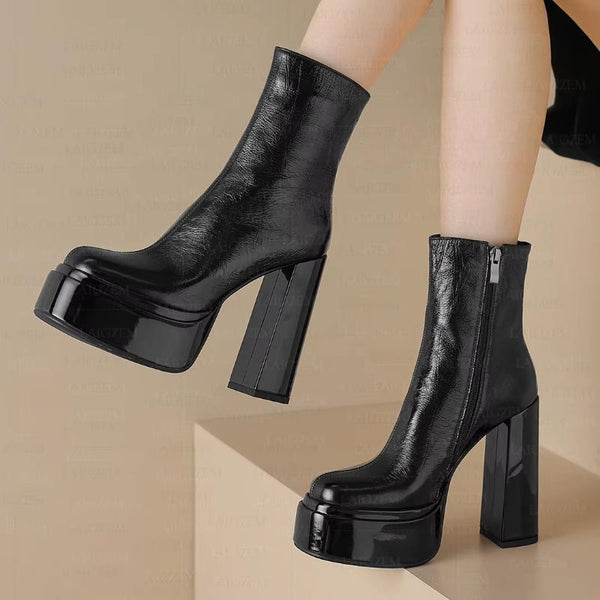 Women Ankle Boots Pleated Real Leather Platform Square High Heels Boots