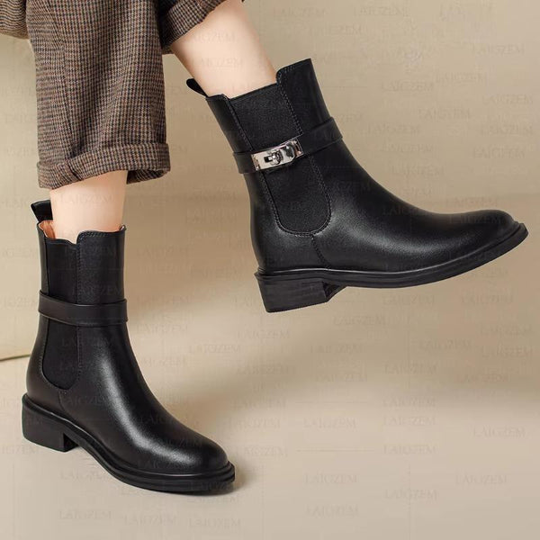 Real Leather 3.5CM Round Toe Thick High Heels Short Boots Handmade Shoes