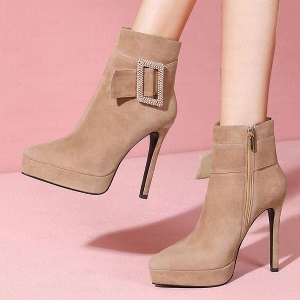 Women Ankle Boots Real Suede Pointed Toe 12CM Thin High Heels Short Booties