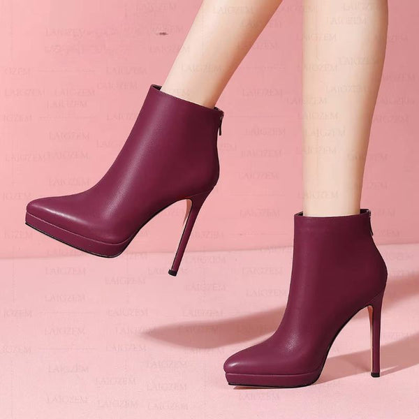 Women Ankle Boots Real Leather Pointed Toe 12CM Thin High Heels Short Booties