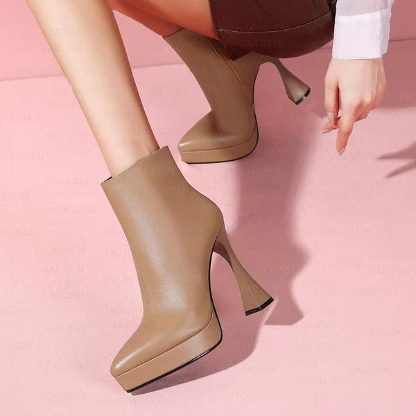 Genuine Leather Pointed Toe Side Zip Up 12CM High Heels Short Booties