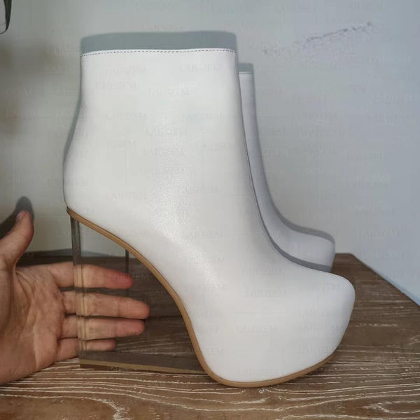 Genuine Leather Wedges Zip Up Round Toe 12CM Clear High Heels Booties Shoes Woman