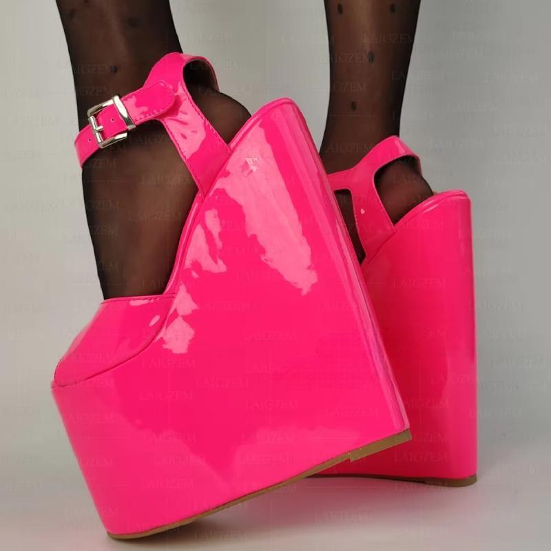 Platform Wedges 22CM Neon Colors Ankle Strap Pumps Height Increase Shoes