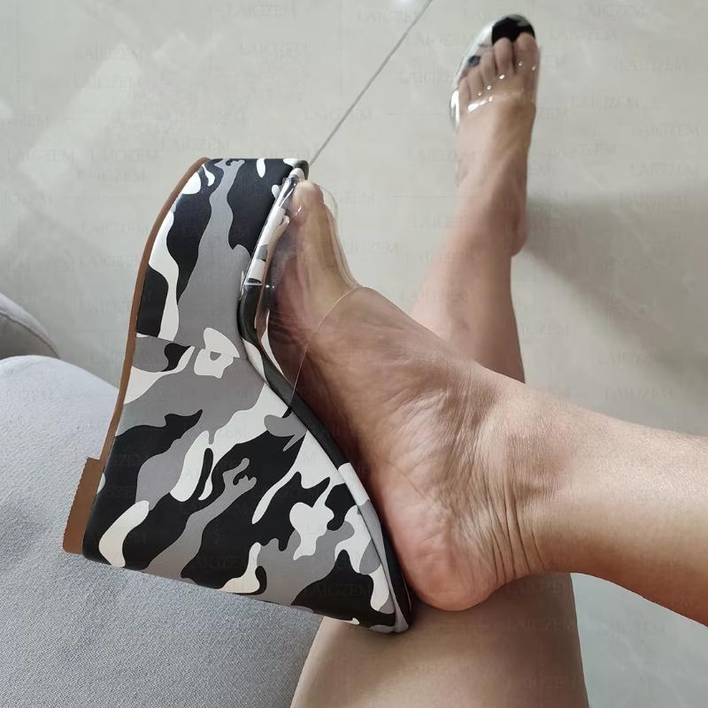 Women Sandals Peep Toe Platform Clear PVC Pumps Camouflage Summer Height Increase Shoes