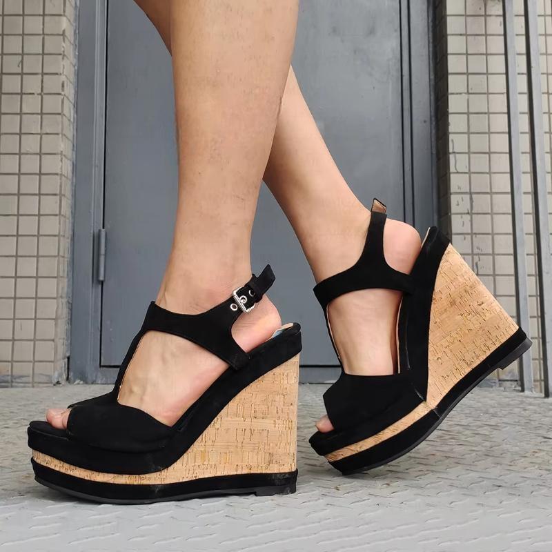 Women Pumps Platform Wedges Faux Suede Patchwork Ankle Straps Sandals