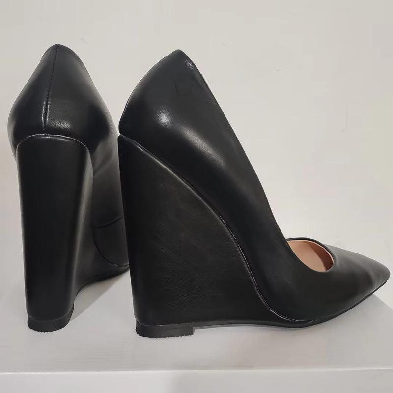 Women Wedges Pumps Pointy Toe Slip On Faux Leather Black Sandals Ladies Dress Shoes