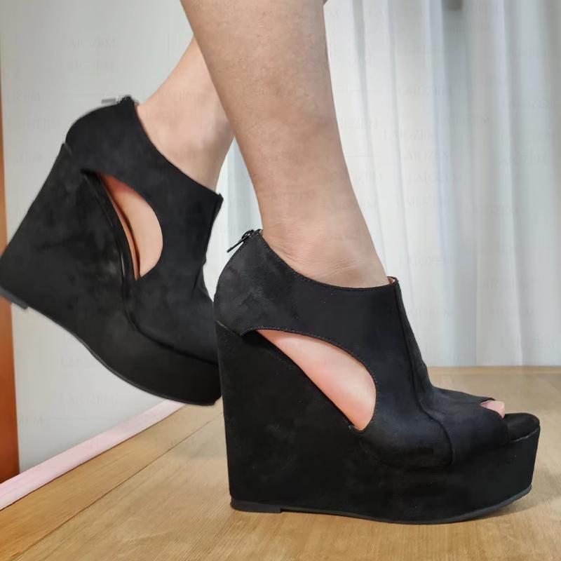 Women Platform Wedges Sandals Faux Suede Open Toe Back Zip Up High Heels Pumps