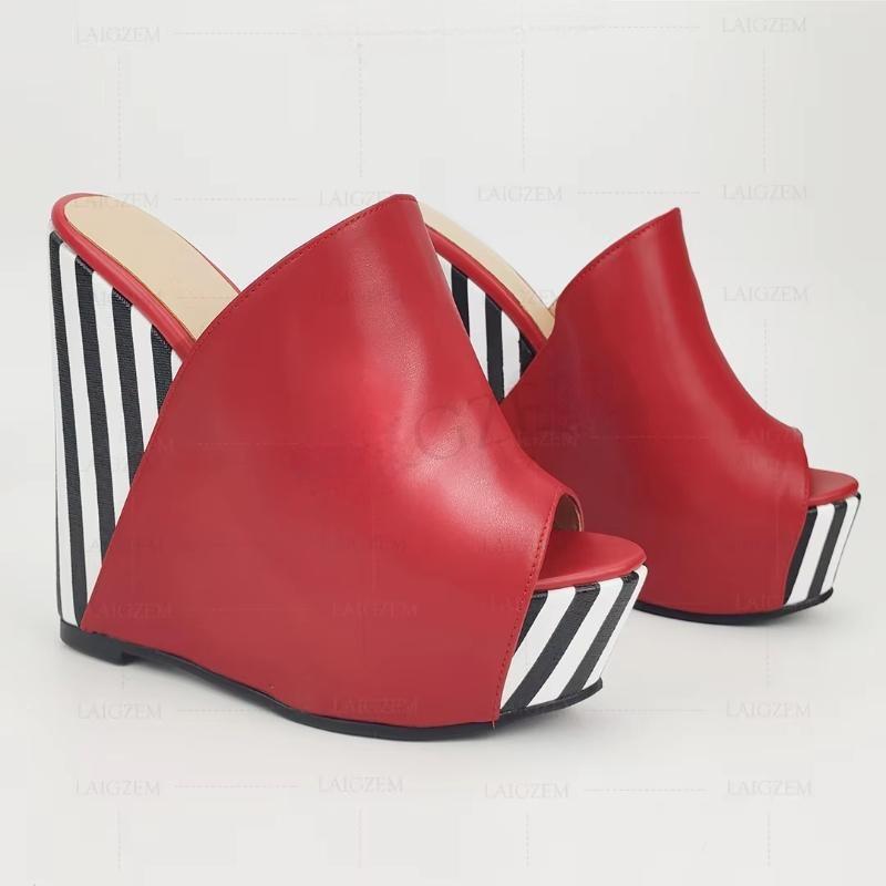 Women Sandals Platform Wedges Stripe Mules Party High Heels Sandalias