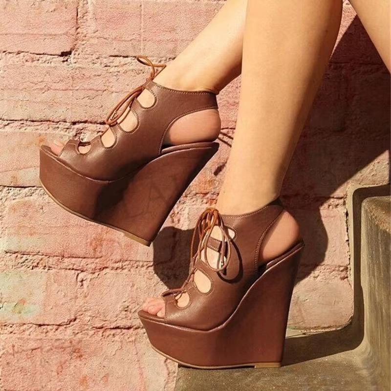 Platform Wedge Lace Up High Heels Sandals Party Pumps Handmade Shoes Woman