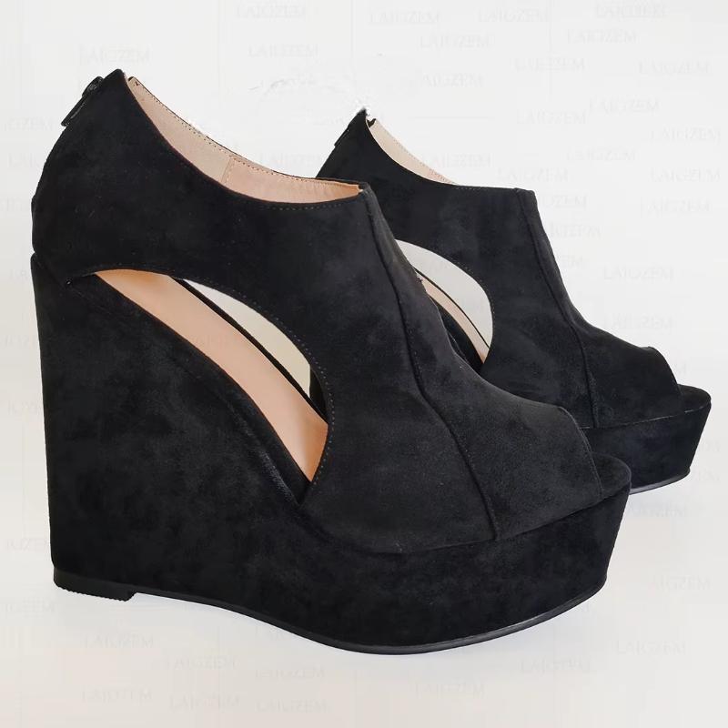 Women Pumps Platform Wedges Faux Suede Back Zip Black Sandals