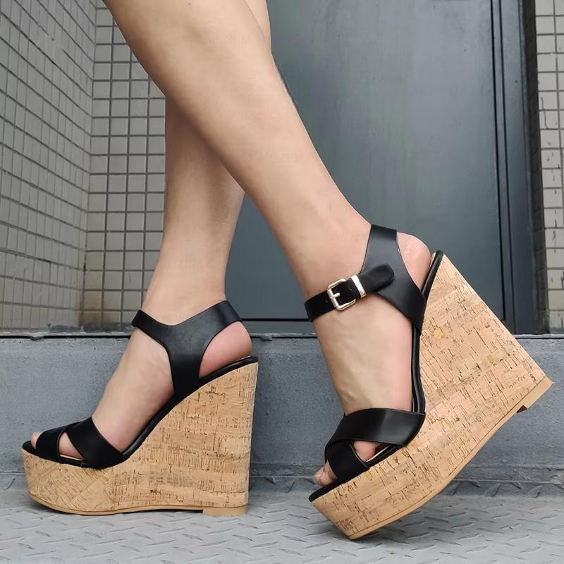 Women Platform Wedges Sandals Faux Leather Open Toe Black Pumps