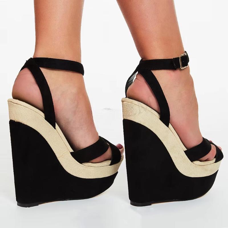 Women Platform Wedge Pumps Faux Suede Patchwork Height Increase Sandals