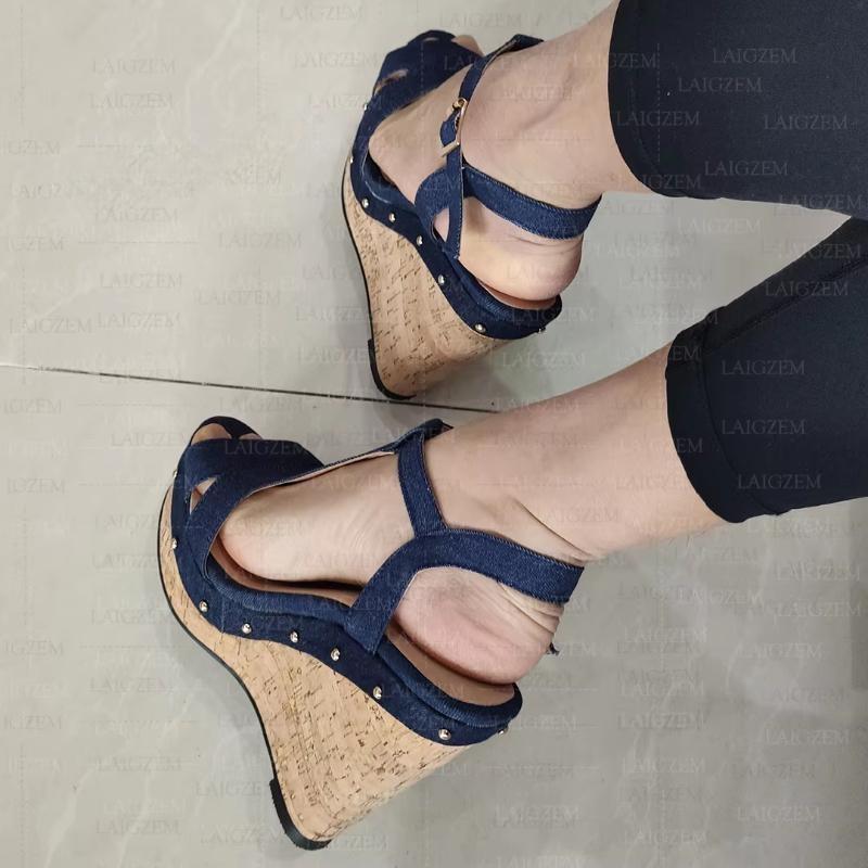 Women Platform Wedges Sandals Denim Studded Open Toe Pumps