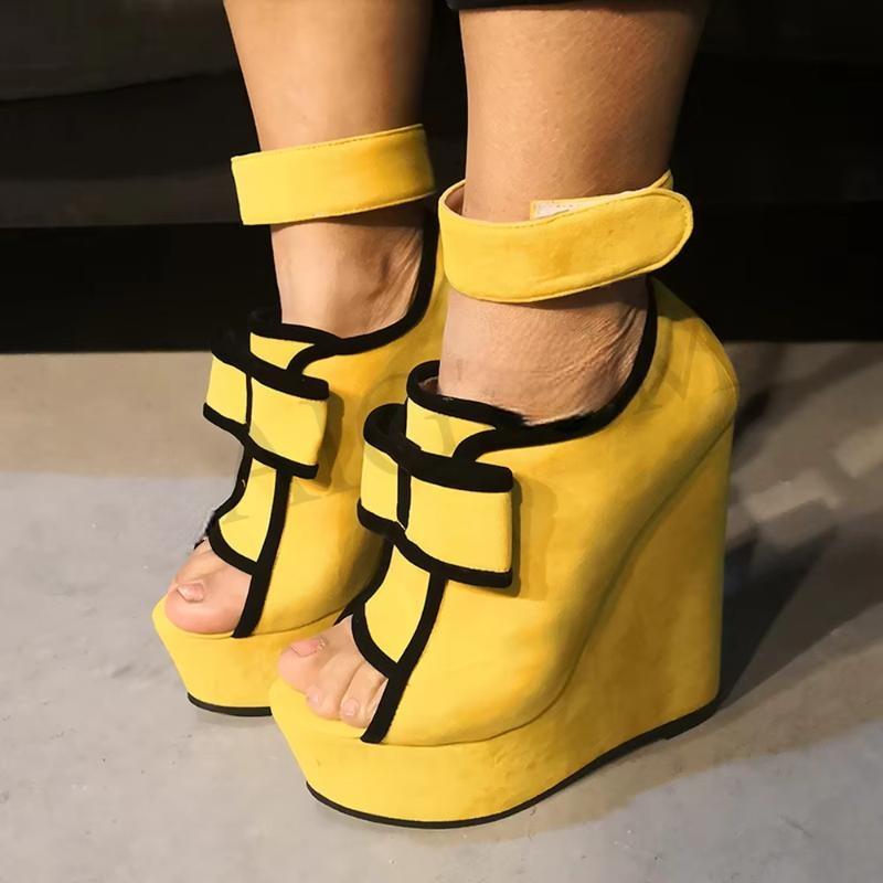 SUPER Women Sandals Faux Suede Platform Wedges Heels Sandals Yellow Shoes Woman