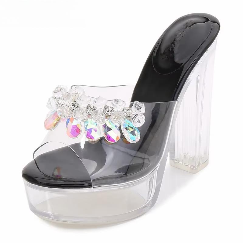 Summer female sandals transparent crystal woman Rhineston shoes 13cm thick heels