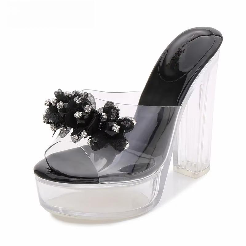 Summer female sandals transparent crystal women Rhineston shoes 13cm thick heels