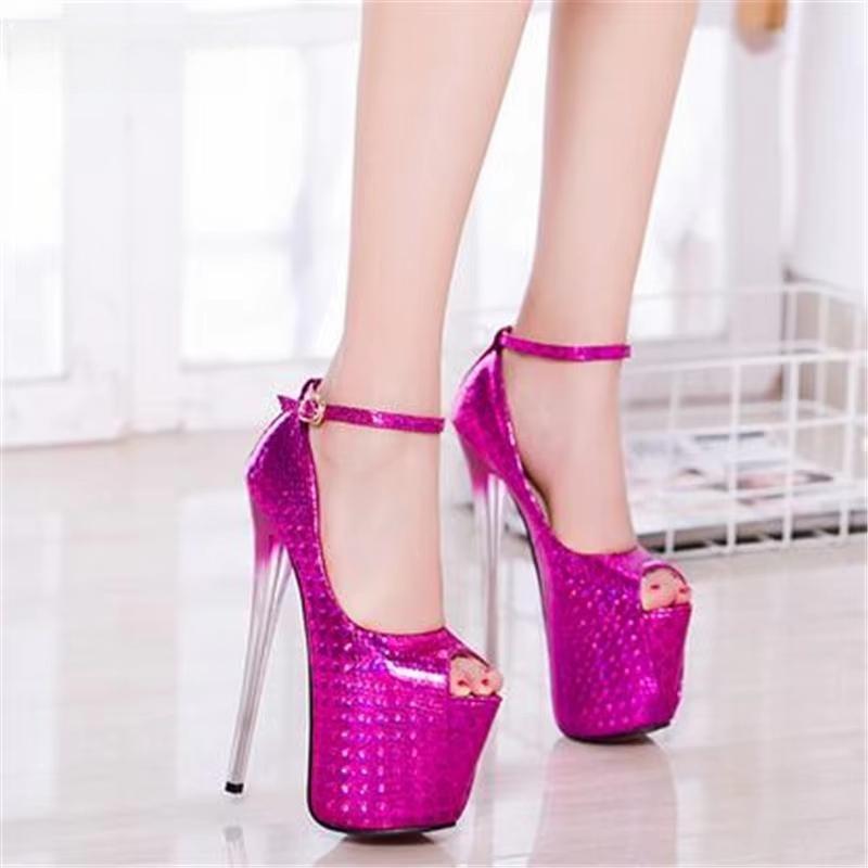 Fashion Patent Leather Stiletto 19cm Thin High Heels Platform Shoes Buckle Women