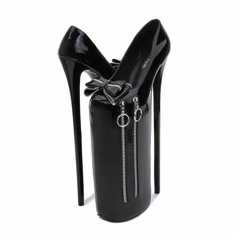 Stiletto Bowtie shoes woman Fetish 30cm Ultra high thin heels 20cm platforms Steel