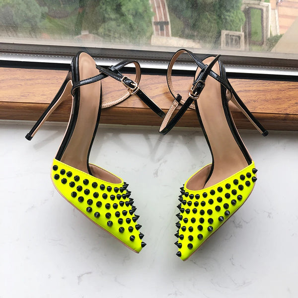 Black Spikes on Lemon Green Women Ankle Strap Slingbacks High Heel Shoes Summer