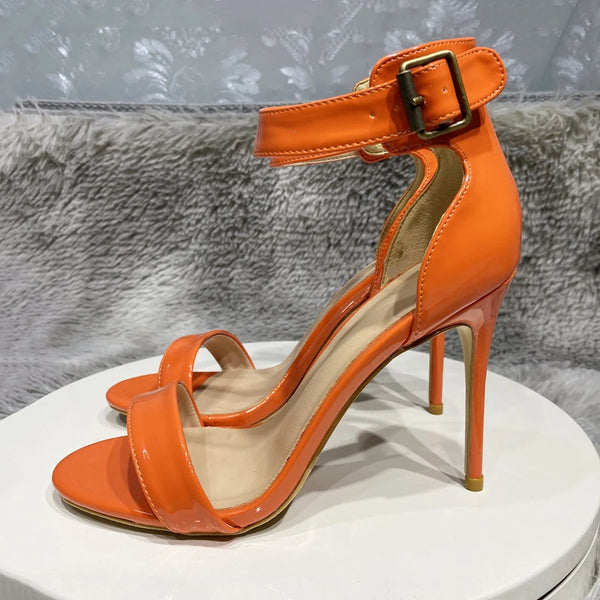 Glossy Orange Women Ankle Strap 10cm High Heel Sandals