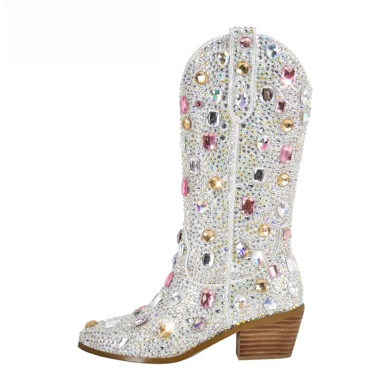 Sparkly Multi-colored Rhinestone Handmade Mid-calf Western Boots