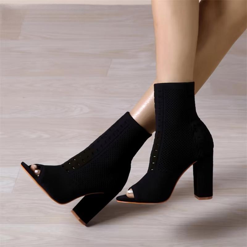 Spring Autumn Fashion Peep Toe  Knitted Stretch Fabric Socks Boots Women Square High Heels