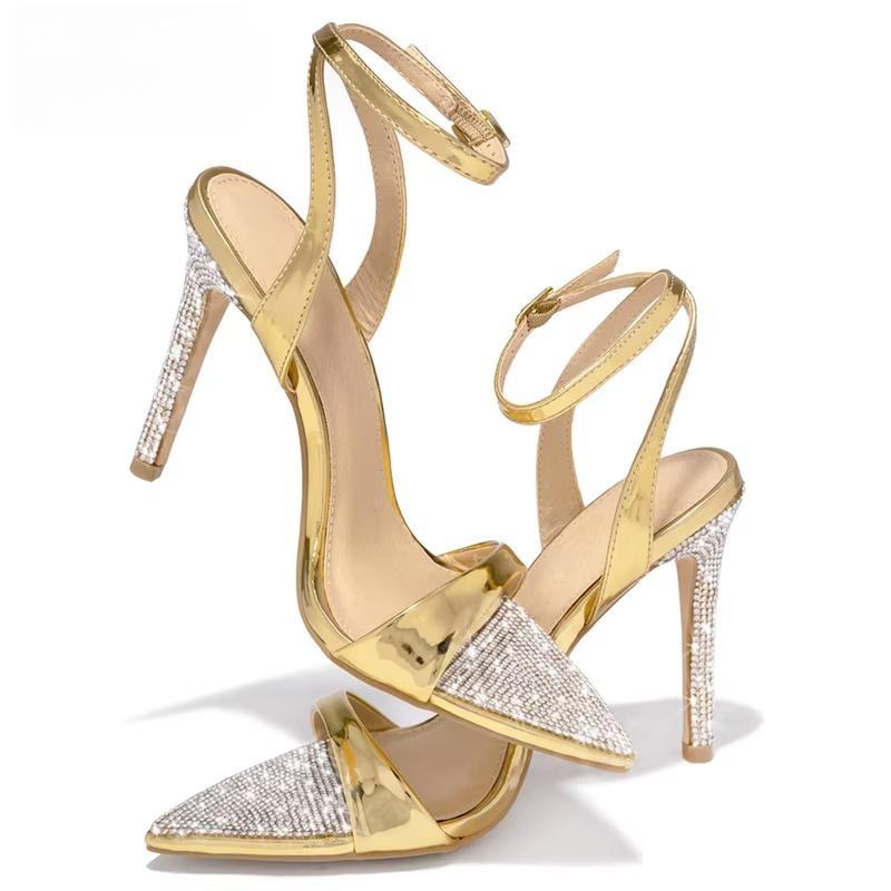 Plus 35-42 Crystal Pointed Toe Buckle Strap Women's Sandals