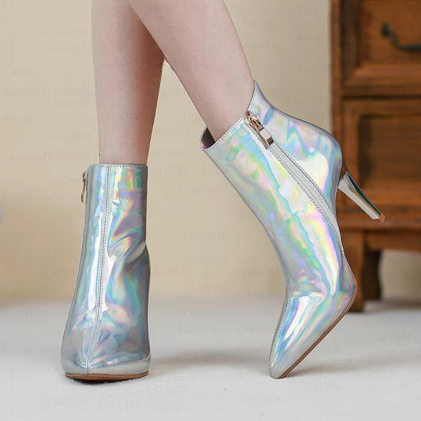 Women  Side Zip Pointed Toe Laser 9CM Heels Short Booties