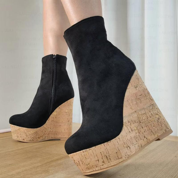 Platform Side Zip Up Faux Suede Short Boots Height Increase Ladies Shoes