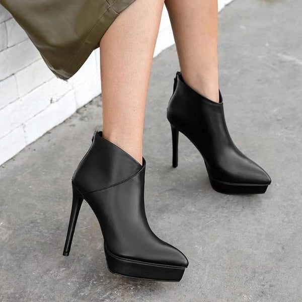 Genuine LEATHER Side Zip Slim High Heels Booties Ladies Dress Shoes