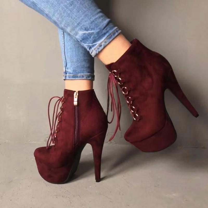 Faux Suede Platform High Heel Zipper Boots Wine Red Black Ladies Botines